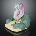 Fantasy Creature Character With Pink Body White Wings On Rock And Sand