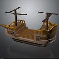 Vintage Water Vessel With Wooden Deck Yellow Railings And Dual Propeller Masts