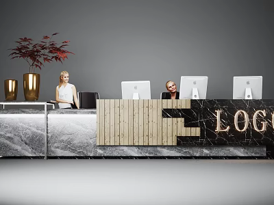 Modern Office Reception Desk With Marble Top Computers Staff And Decorative Plant 3d model