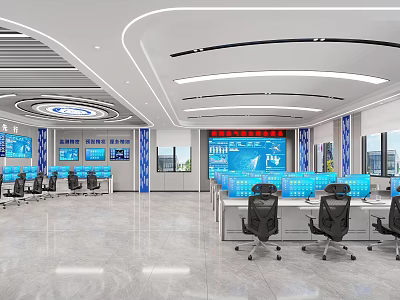 Modern Conference Room With Multiple Monitor Screens Control Desks Office Chairs And Ceiling Lighting 3d model