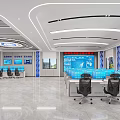 Modern Conference Room With Multiple Monitor Screens Control Desks Office Chairs And Ceiling Lighting