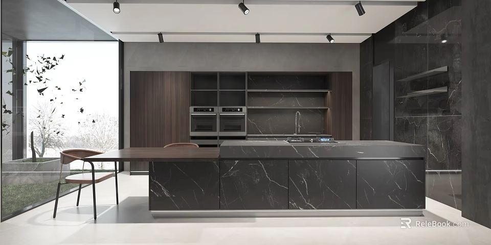 Modern Kitchen Interior Design With Dark Cabinets And Marble Island Countertop 3d model 