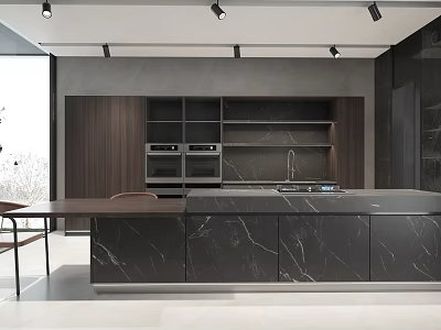 Modern Kitchen Interior Design With Dark Cabinets And Marble Island Countertop 3d model