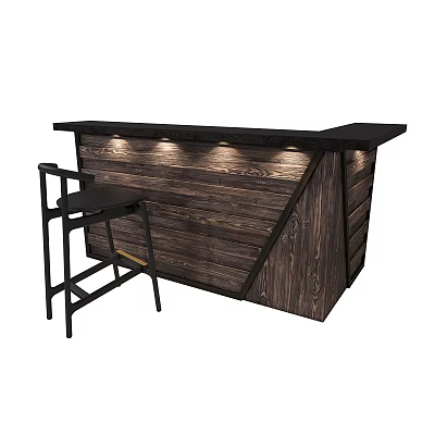 Rustic Wooden Bar Counter With Black Bar Stool And Built In Lighting Design 3d model