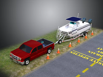 Red Pickup Truck Towing Boat With Orange Cones In Parking Area 3d model