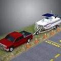 Red Pickup Truck Towing Boat With Orange Cones In Parking Area