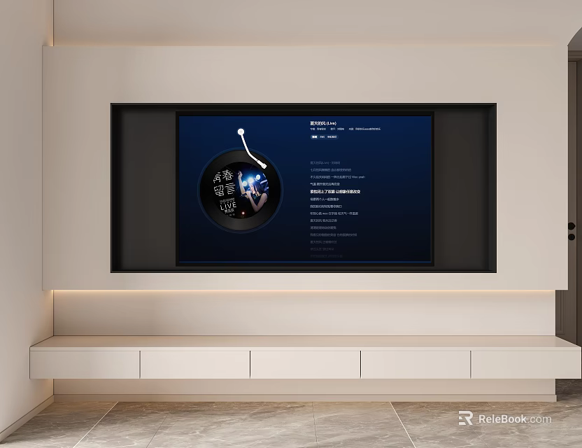 Modern TV Stand Interior Design With White Storage Cabinets And LED Lighting 3d model 