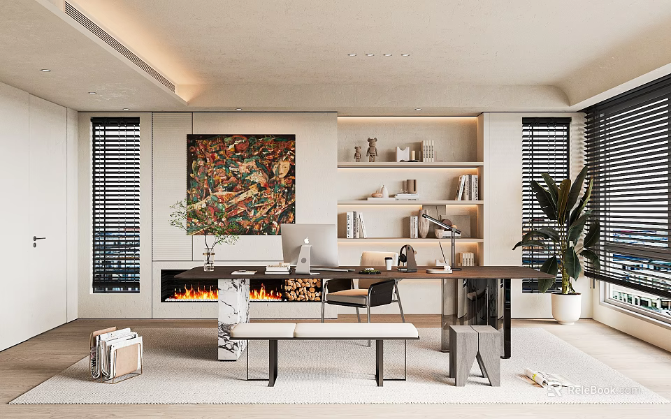 Modern Study Room With Fireplace Bookshelves And Art Painting 3d model 
