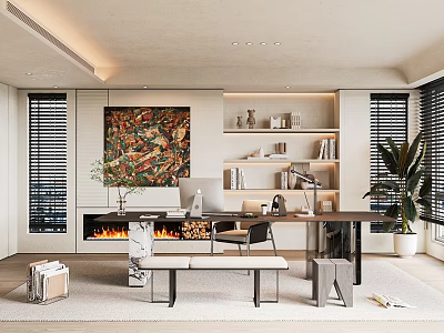 Modern Study Room With Fireplace Bookshelves And Art Painting 3d model