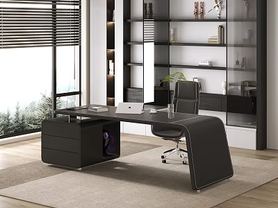Sleek Modern Black Executive Office Desk With Side Storage Cabinet For Bright Spacious Home Office 3d model