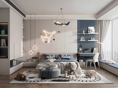 Kids Room Interior Design With Airplane Neon Light Blue White Decor Bookshelves And Toys 3d model
