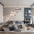 Kids Room Interior Design With Airplane Neon Light Blue White Decor Bookshelves And Toys