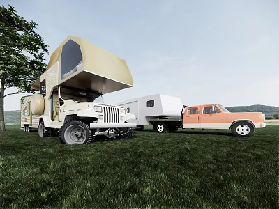 Off Road Camping Vehicle With Pickup Truck And Trailer In Grassy Field 3d model
