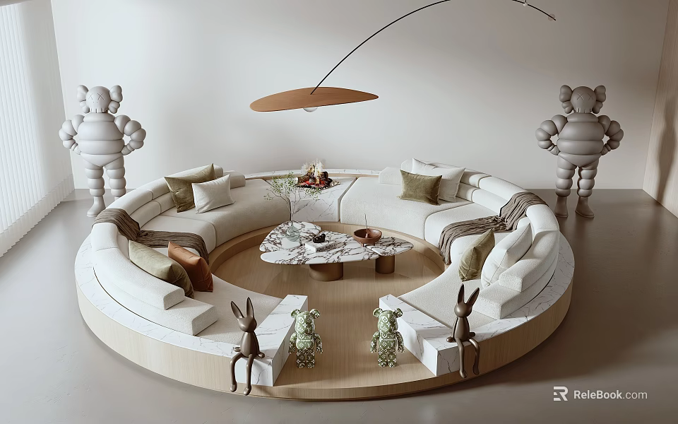 Modern Circular Beige Sofa and Coffee Table Set with Marble Top Animal Figurines and Bear Statues 3d model 