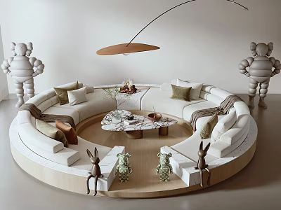 Modern Circular Beige Sofa and Coffee Table Set with Marble Top Animal Figurines and Bear Statues 3d model