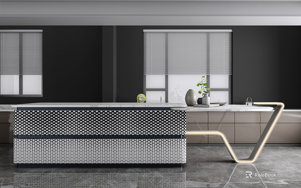Modern Bar Counter With Metallic Mesh Panel White Countertop LED Lighting And Potted Plant 3d model 