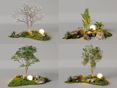 Garden Decorative Elements With Flowering Trees Green Trees Rocks Grass And Light Balls 3d model