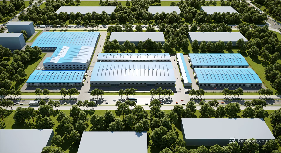 Aerial view of multiple industrial factories with blue roofs surrounded by trees and roads 3d model 