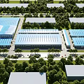 Aerial view of multiple industrial factories with blue roofs surrounded by trees and roads