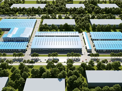 Aerial view of multiple industrial factories with blue roofs surrounded by trees and roads 3d model