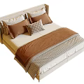 Modern Double Bed with Beige Upholstered Headboard Brown Pillows and Striped Bedspread