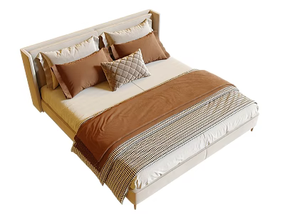 Modern Double Bed with Beige Upholstered Headboard Brown Pillows and Striped Bedspread 3d model