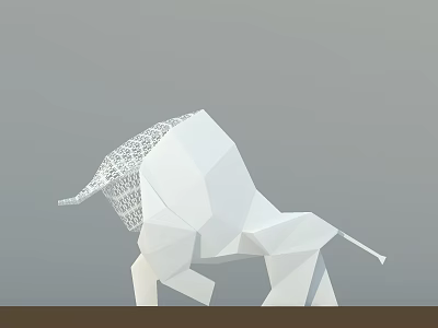 Geometric Polygonal Style White Bull Sculpture For Garden Decor With Gray Background And Brown Countertop 3d model