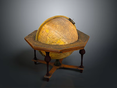 Vintage Decorative Globe On Hexagonal Wooden Stand With Detailed Map Design 3d model