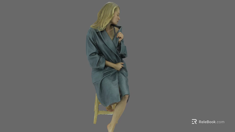 Blonde woman wearing gray robe sitting on wooden chair adjusting necklace against gray background 3d model 