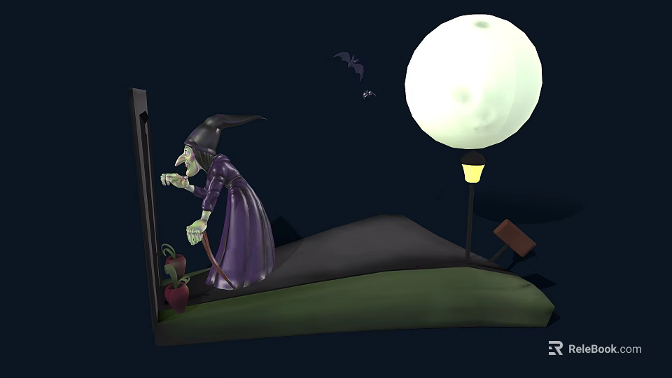 Witch In Purple Robe Standing Near Bed With Full Moon And Bats At Night 3d model 