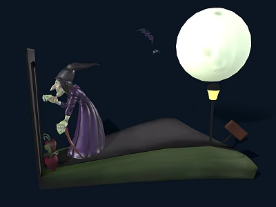 Witch In Purple Robe Standing Near Bed With Full Moon And Bats At Night 3d model