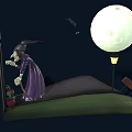 Witch In Purple Robe Standing Near Bed With Full Moon And Bats At Night