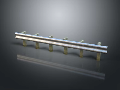 Silver Metal Railing With Two Horizontal Bars And Vertical Posts On Dark Reflective Background 3d model