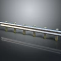 Silver Metal Railing With Two Horizontal Bars And Vertical Posts On Dark Reflective Background