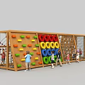 Wooden Playground Equipment with Colorful Climbing Holds Rope Net and Wall for Kids Outdoor Activities 3d model