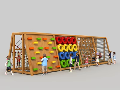 Wooden Playground Equipment with Colorful Climbing Holds Rope Net and Wall for Kids Outdoor Activities 3d model