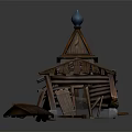 Traditional Wooden Building With Damaged Roof Blue Dome And Scattered Planks