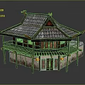 Traditional Chinese Architecture with Tiled Roof Overhanging Eaves Red Lanterns Wooden Structure and Stone Walls