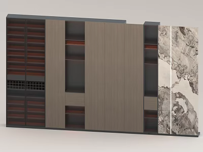 Modern Background Wall With Wooden Panels Open Shelves Decorative Grille And Marble Texture 3d model