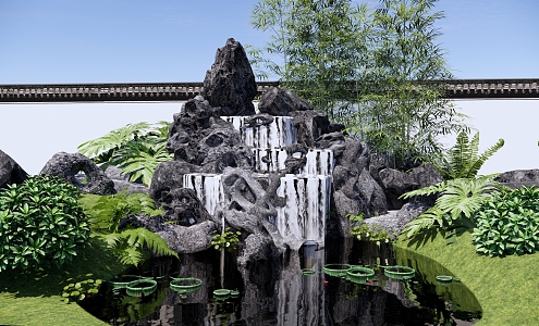 New Chinese-style rockery waterscape rockery stacked stone garden landscape pool stacked stone waterfall water drop Chinese garden plants 3d model