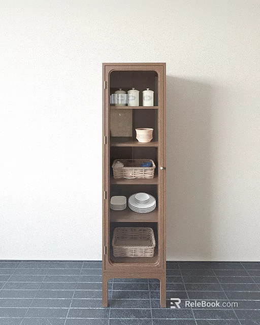 Natural Wooden Buffet Cabinet With Glass Door Storage Baskets Plates Bowls And Bottles 3d model 
