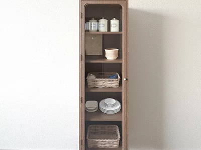 Natural Wooden Buffet Cabinet With Glass Door Storage Baskets Plates Bowls And Bottles 3d model