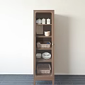 Natural Wooden Buffet Cabinet With Glass Door Storage Baskets Plates Bowls And Bottles