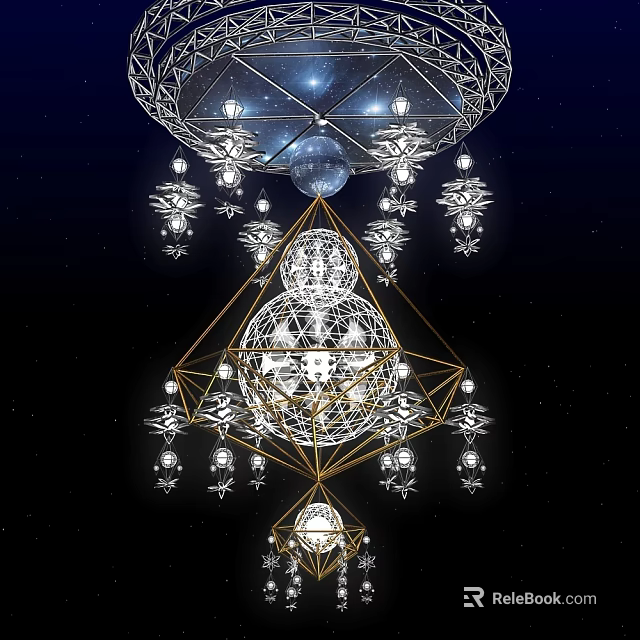 Ornate Geometric Chandelier With Crystal Pendants And Spherical Accents Against Starry Night Sky Background 3d model 