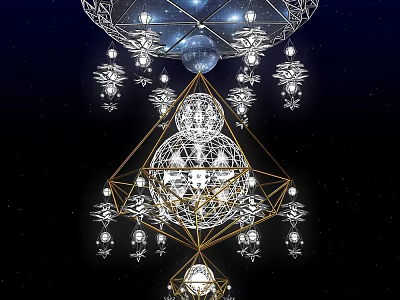 Ornate Geometric Chandelier With Crystal Pendants And Spherical Accents Against Starry Night Sky Background 3d model