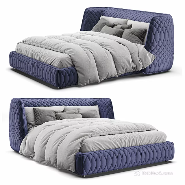 Modern Double Bed With Quilted Blue Frame Gray Comforter And Cozy Pillows Design 3d model 