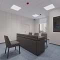 Contemporary Office Space Featuring Dark Table Gray Chairs White Walls Square Lights TV And Windows