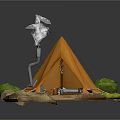Cartoon Scene Featuring Orange Tent With Smoking Chimney Green Plants Rocks And Wooden Pathway