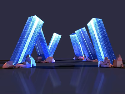 Blue Glowing Modern Columns With Stone Bases On Reflective Surface 3d model