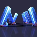 Blue Glowing Modern Columns With Stone Bases On Reflective Surface 3d model